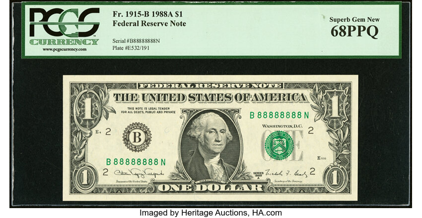 image for: Solid Serial Number 88888888 Fr. 1915-B $1 1988A Federal Reserve Note. PCGS Superb Gem New 68PPQ....