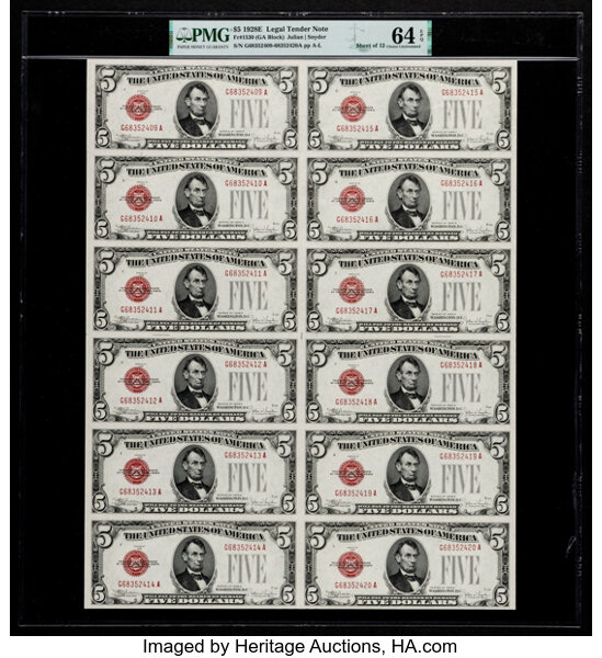 image for: Fr. 1530 $5 1928E Legal Tender Notes. Uncut Sheet of 12. PMG Choice Uncirculated 64 EPQ....