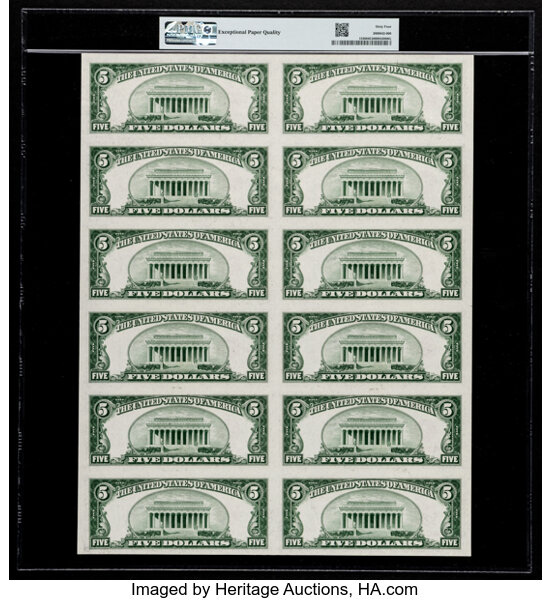 image for: Fr. 1530 $5 1928E Legal Tender Notes. Uncut Sheet of 12. PMG Choice Uncirculated 64 EPQ....