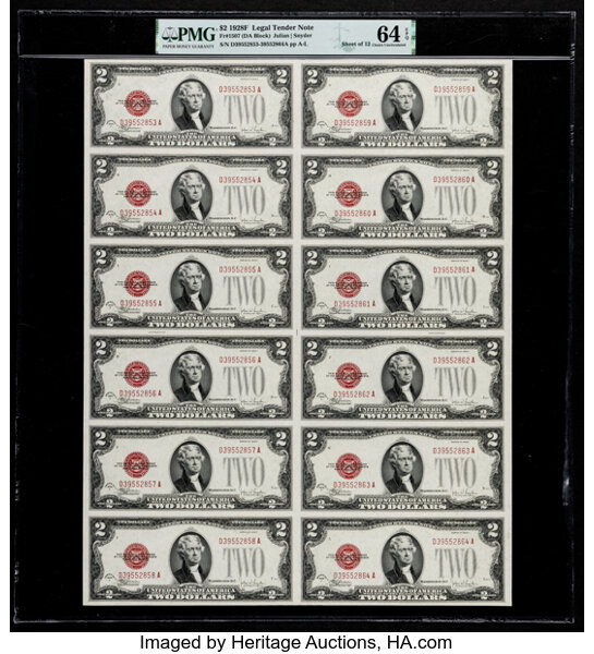 image for: Fr. 1507 $2 1928F Legal Tender Notes. Uncut Sheet of 12. PMG Choice Uncirculated 64 EPQ....