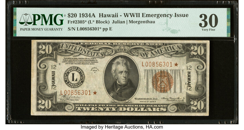 image for: Fr. 2305* $20 1934A Hawaii Federal Reserve Star Note. PMG Very Fine 30....