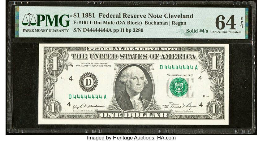 image for: Solid Serial Number 44444444 Fr. 1911-D $1 1981 Mule Federal Reserve Note. PMG Choice Uncirculated 64 EPQ....