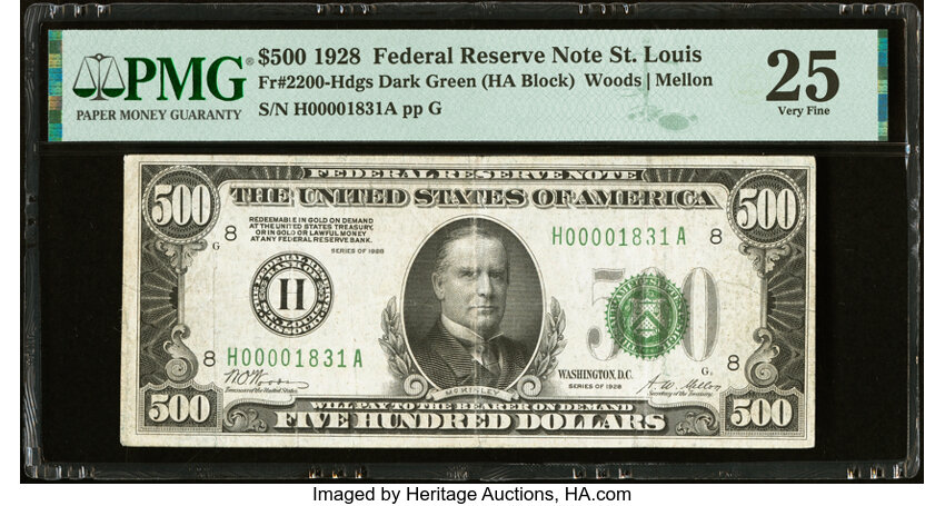 image for: Fr. 2200-H $500 1928 Federal Reserve Note. PMG Very Fine 25....