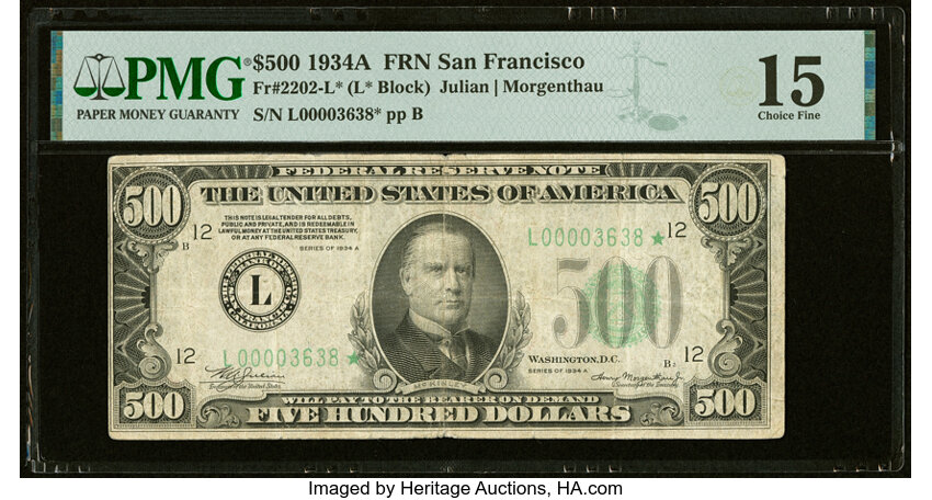image for: Fr. 2202-L* $500 1934A Federal Reserve Star Note. PMG Choice Fine 15....