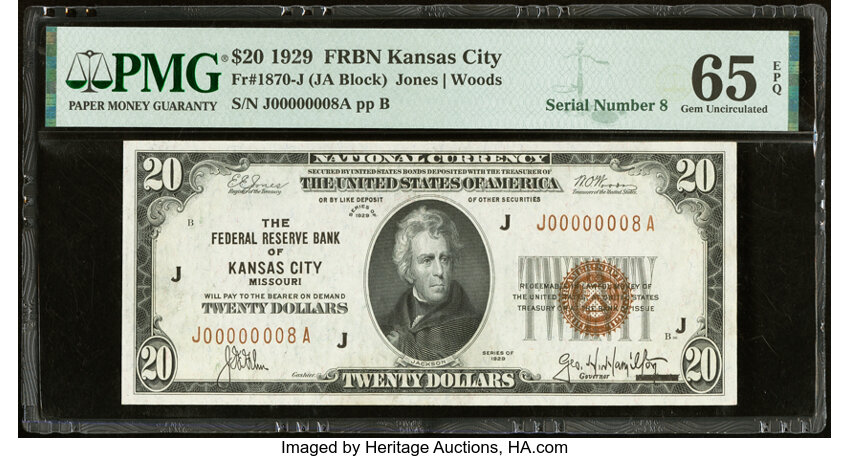 image for: Low Serial Number 8 Fr. 1870-J $20 1929 Federal Reserve Bank Note. PMG Gem Uncirculated 65 EPQ....