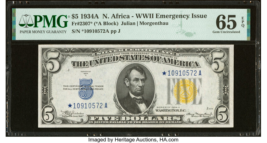 image for: Fr. 2307* $5 1934A North Africa Silver Certificate Star Note. PMG Gem Uncirculated 65 EPQ....