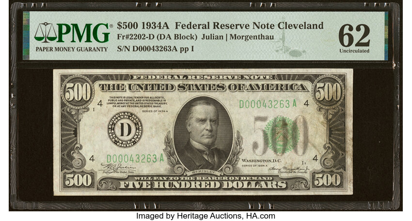 image for: Fr. 2202-D $500 1934A Federal Reserve Note. PMG Uncirculated 62....