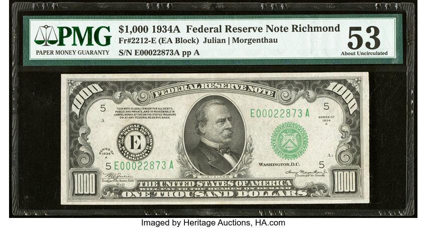image for: Fr. 2212-E $1,000 1934A Federal Reserve Note. PMG About Uncirculated 53....