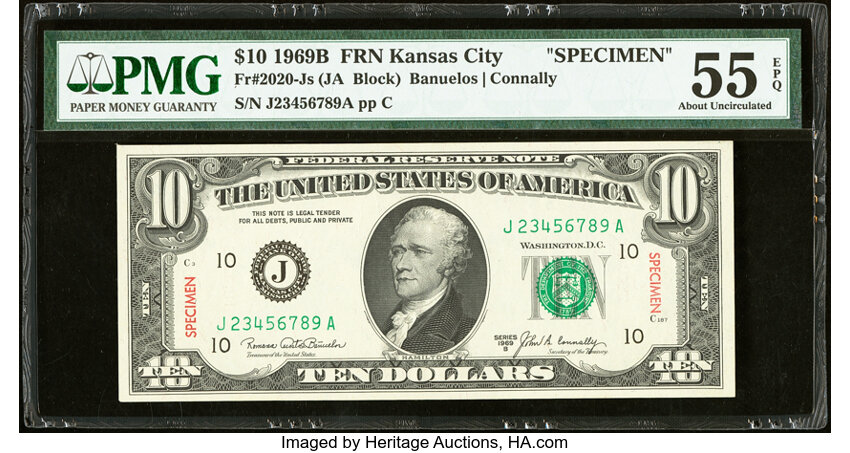 image for: Ascending Ladder Serial Number J23456789A Fr. 2020-J $10 1969B Specimen Federal Reserve Note. PMG About Uncirculated 55 EPQ....