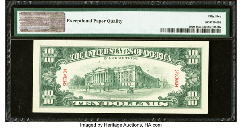 image for: Ascending Ladder Serial Number J23456789A Fr. 2020-J $10 1969B Specimen Federal Reserve Note. PMG About Uncirculated 55 EPQ....