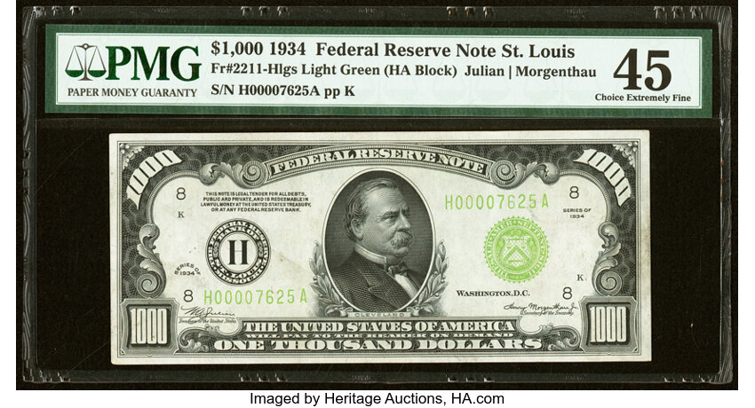 image for: Fr. 2211-H $1,000 1934 Light Green Seal Federal Reserve Note. PMG Choice Extremely Fine 45....