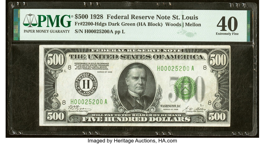 image for: Fr. 2200-H $500 1928 Federal Reserve Note. PMG Extremely Fine 40....