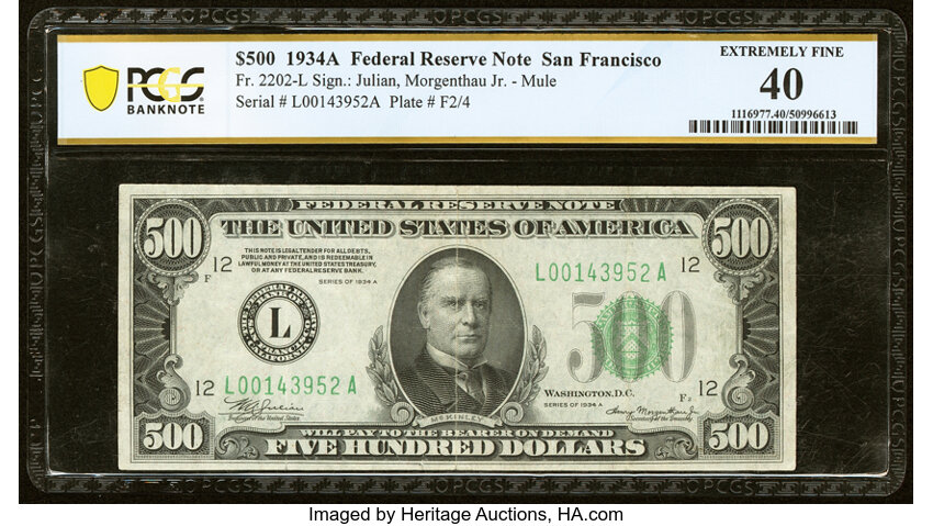image for: Fr. 2202-L $500 1934A Federal Reserve Note. PCGS Banknote Extremely Fine 40....