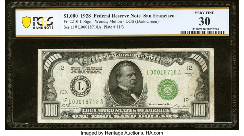 image for: Fr. 2210-L $1,000 1928 Federal Reserve Note. PCGS Banknote Very Fine 30....