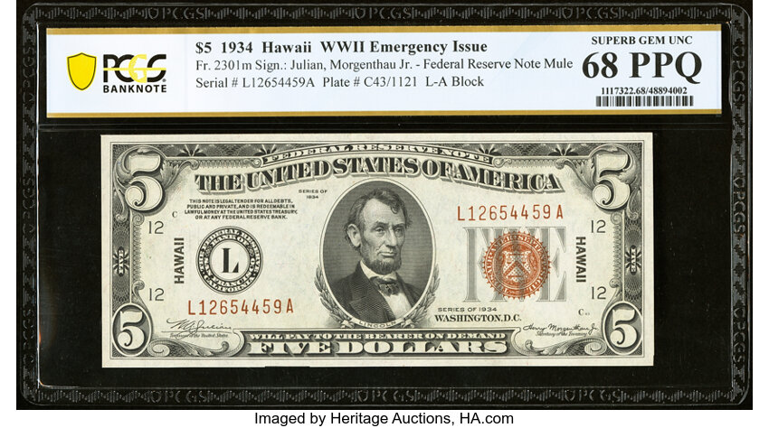 image for: Fr. 2301 $5 1934 Mule Hawaii Federal Reserve Note. PCGS Banknote Superb Gem Unc 68 PPQ....