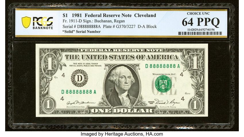 image for: Solid Serial Number 88888888 Fr. 1911-D $1 1981 Federal Reserve Note. PCGS Banknote Choice Unc 64 PPQ....