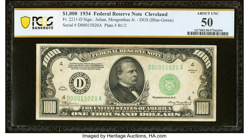 image for: Fr. 2211-D $1,000 1934 Federal Reserve Note. PCGS Banknote About Unc 50....