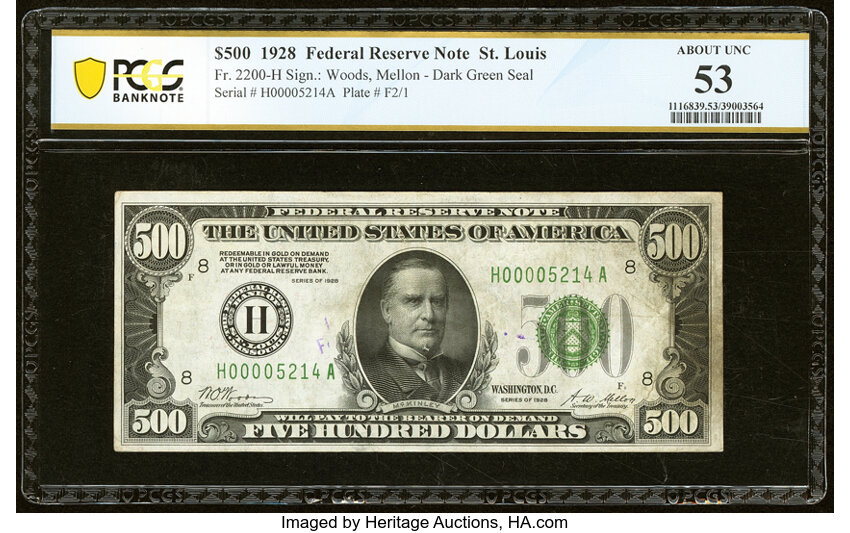 image for: Fr. 2200-H $500 1928 Federal Reserve Note. PCGS Banknote About Unc 53....