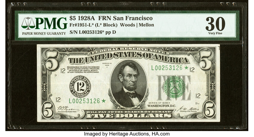 image for: Fr. 1951-L* $5 1928A Federal Reserve Star Note. PMG Very Fine 30....