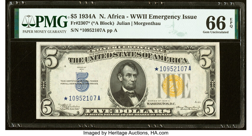image for: Fr. 2307* $5 1934A North Africa Silver Certificate Star Note. PMG Gem Uncirculated 66 EPQ....