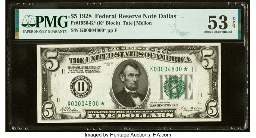 image for: Fr. 1950-K* $5 1928 Federal Reserve Star Note. PMG About Uncirculated 53 EPQ....