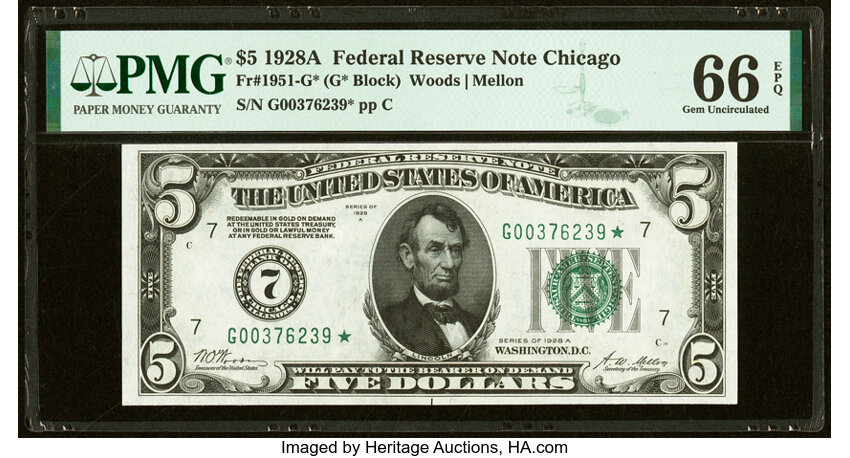 image for: Fr. 1951-G* $5 1928A Federal Reserve Star Note. PMG Gem Uncirculated 66 EPQ....