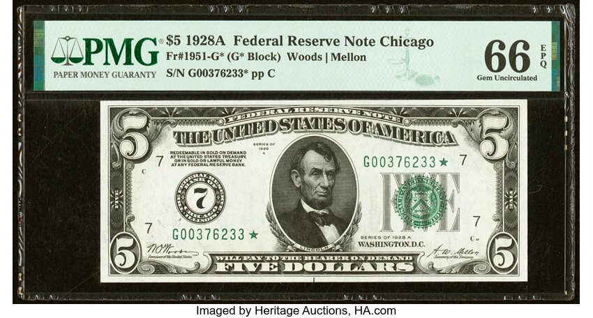 image for: Fr. 1951-G* $5 1928A Federal Reserve Star Note. PMG Gem Uncirculated 66 EPQ....