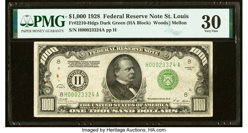 image for: Fr. 2210-H $1,000 1928 Dark Green Seal Federal Reserve Note. PMG Very Fine 30....