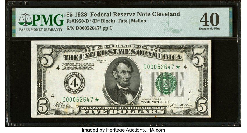 image for: Fr. 1950-D* $5 1928 Federal Reserve Star Note. PMG Extremely Fine 40....