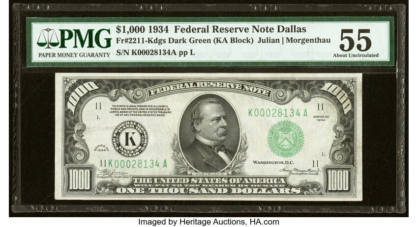 image for: Fr. 2211-K $1,000 1934 Dark Green Seal Federal Reserve Note. PMG About Uncirculated 55....
