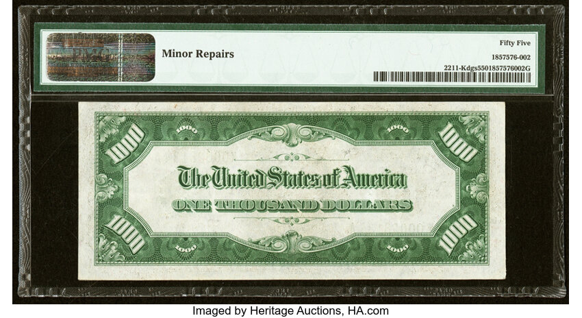 image for: Fr. 2211-K $1,000 1934 Dark Green Seal Federal Reserve Note. PMG About Uncirculated 55....