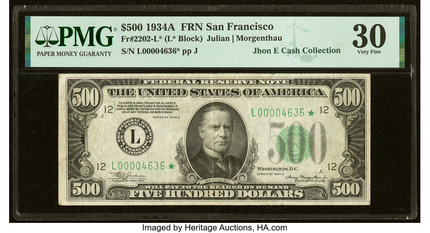 image for: Fr. 2202-L* $500 1934A Federal Reserve Star Note. PMG Very Fine 30....