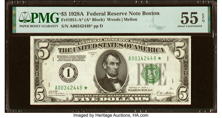 image for: Fr. 1951-A* $5 1928A Federal Reserve Star Note. PMG About Uncirculated 55 EPQ....