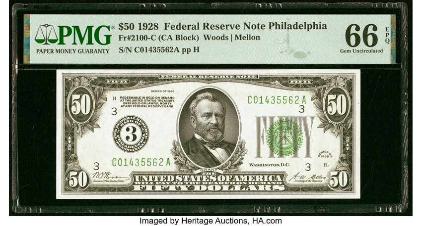 image for: Fr. 2100-C $50 1928 Federal Reserve Note. PMG Gem Uncirculated 66 EPQ....