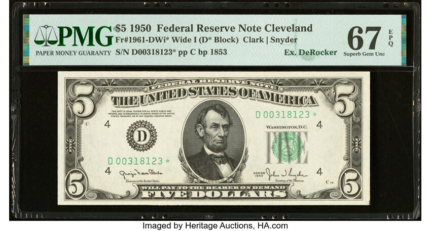 image for: Fr. 1961-D* $5 1950 Wide I Federal Reserve Star Note. PMG Superb Gem Unc 67 EPQ....