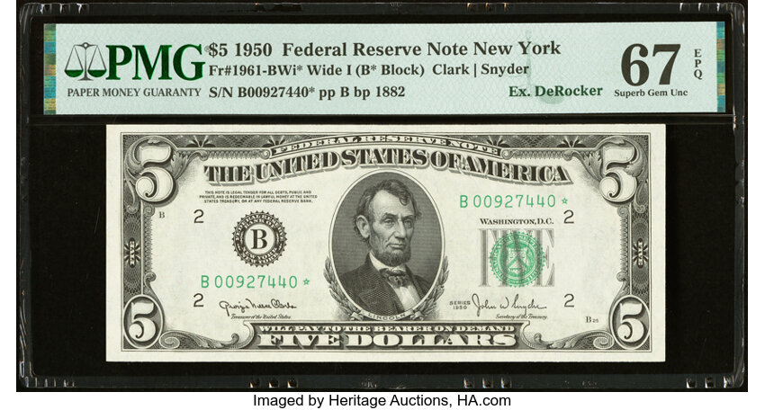 image for: Fr. 1961-B* $5 1950 Wide I Federal Reserve Star Note. PMG Superb Gem Unc 67 EPQ....
