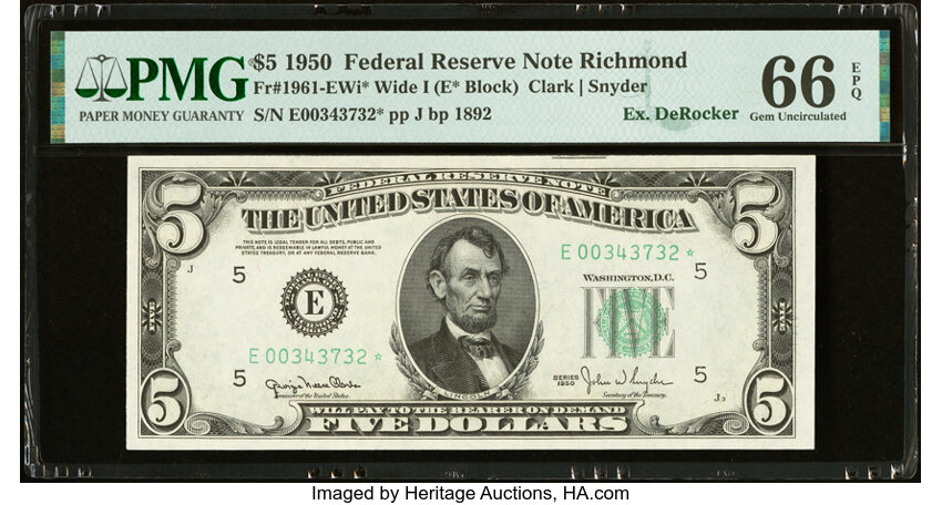 image for: Fr. 1961-E* $5 1950 Wide I Federal Reserve Star Note. PMG Gem Uncirculated 66 EPQ....