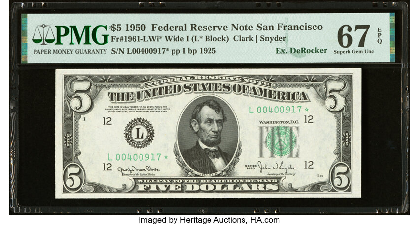 image for: Fr. 1961-L* $5 1950 Wide I Federal Reserve Star Note. PMG Superb Gem Unc 67 EPQ....