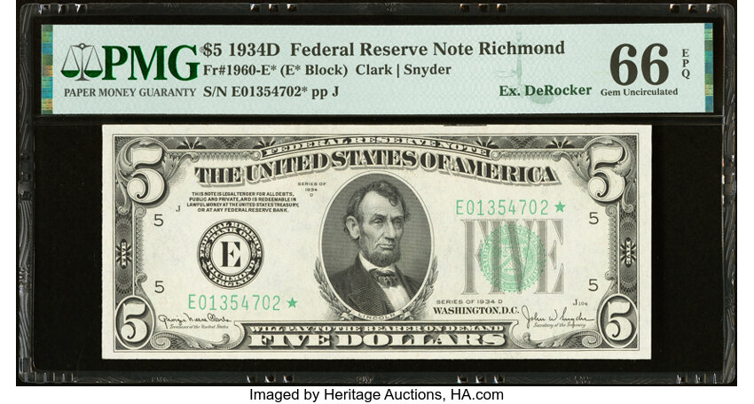 image for: Fr. 1960-E* $5 1934D Federal Reserve Star Note. PMG Gem Uncirculated 66 EPQ....
