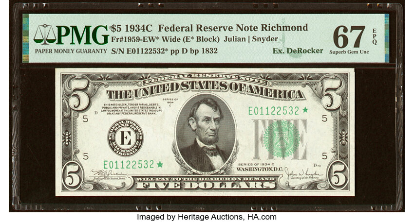 image for: Fr. 1959-E* $5 1934C Wide Federal Reserve Star Note. PMG Superb Gem Unc 67 EPQ....
