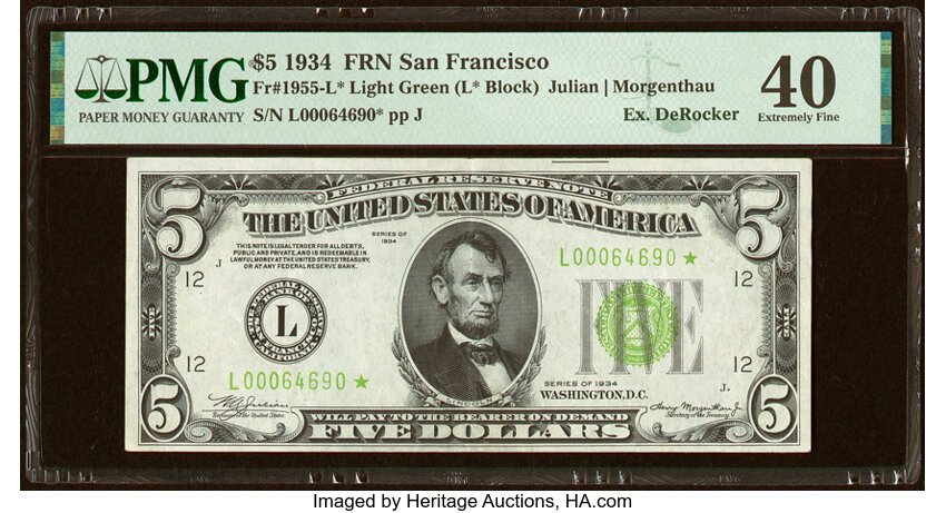 image for: Fr. 1955-L* $5 1934 Light Green Seal Federal Reserve Star Note. PMG Extremely Fine 40....