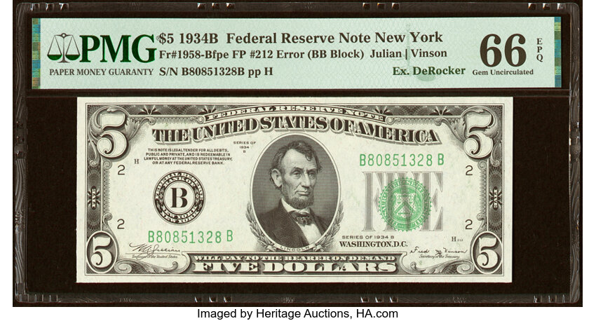 image for: Fr. 1958-B $5 1934B Federal Reserve Note with Face Plate Number 212. PMG Gem Uncirculated 66 EPQ....