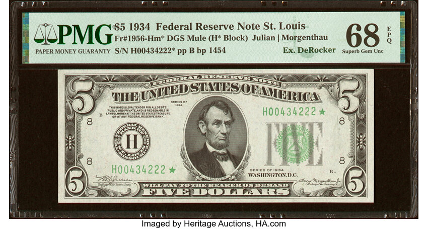 image for: Fr. 1956-H* $5 1934 Mule Federal Reserve Star Note. PMG Superb Gem Unc 68 EPQ....