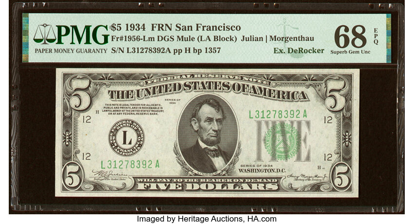 image for: Fr. 1956-L $5 1934 Mule Federal Reserve Note. PMG Superb Gem Unc 68 EPQ....