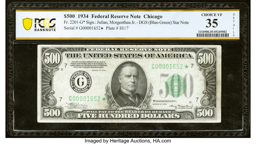 image for: Fr. 2201-G* $500 1934 Federal Reserve Star Note. PCGS Banknote Choice VF 35 Details....