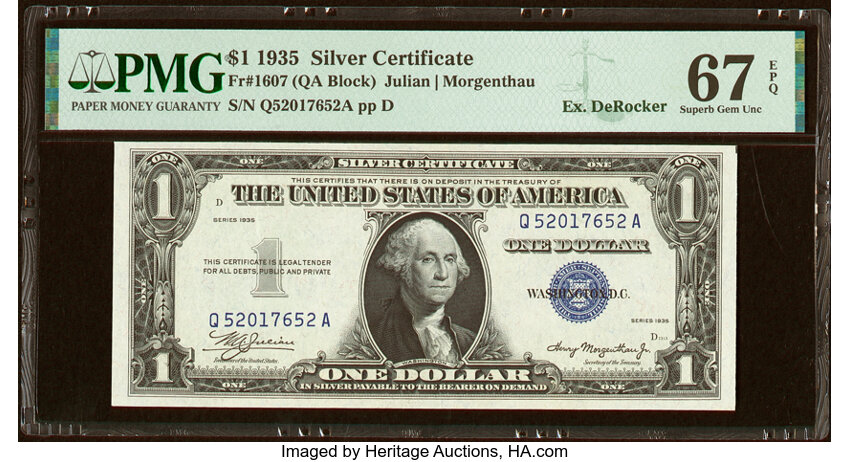 image for: Fr. 1607 $1 1935 Silver Certificate. Q-A Block. PMG Superb Gem Unc 67 EPQ....