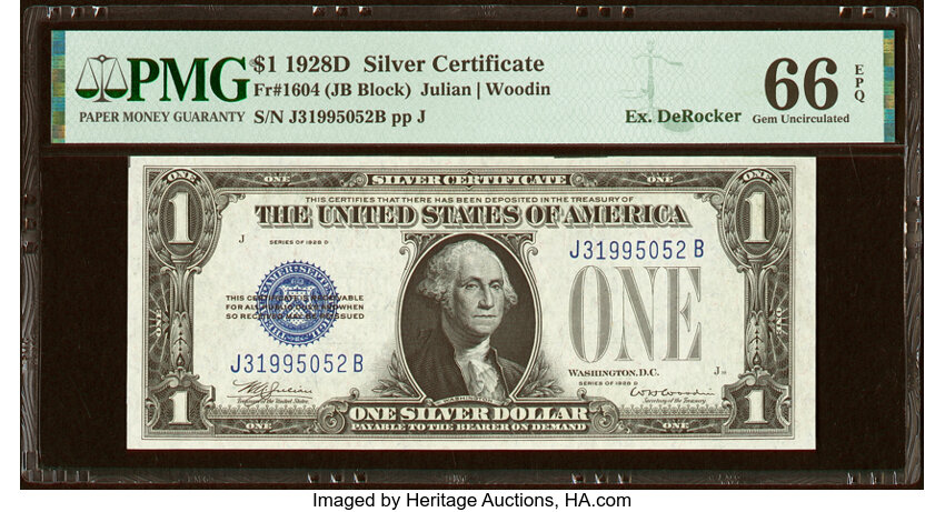 image for: Fr. 1604 $1 1928D Silver Certificate. J-B Block. PMG Gem Uncirculated 66 EPQ....