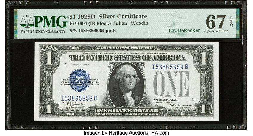 image for: Fr. 1604 $1 1928D Silver Certificate. I-B Block. PMG Superb Gem Unc 67 EPQ....
