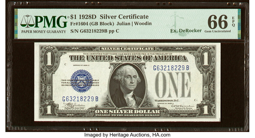 image for: Fr. 1604 $1 1928D Silver Certificate. G-B Block. PMG Gem Uncirculated 66 EPQ....