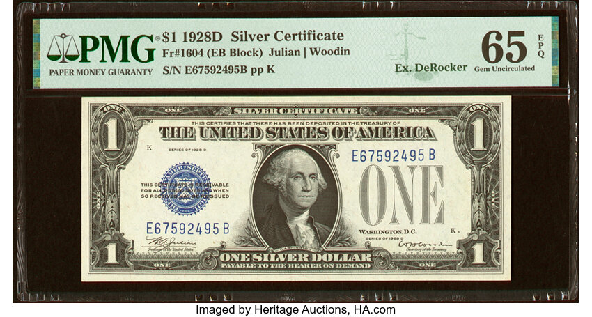 image for: Fr. 1604 $1 1928D Silver Certificate. E-B Block. PMG Gem Uncirculated 65 EPQ....